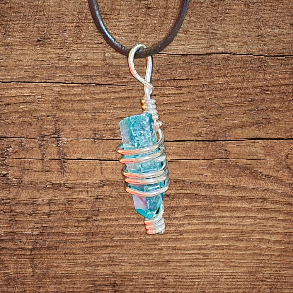Wire Wrapped Blue Crystal Pendant Necklace